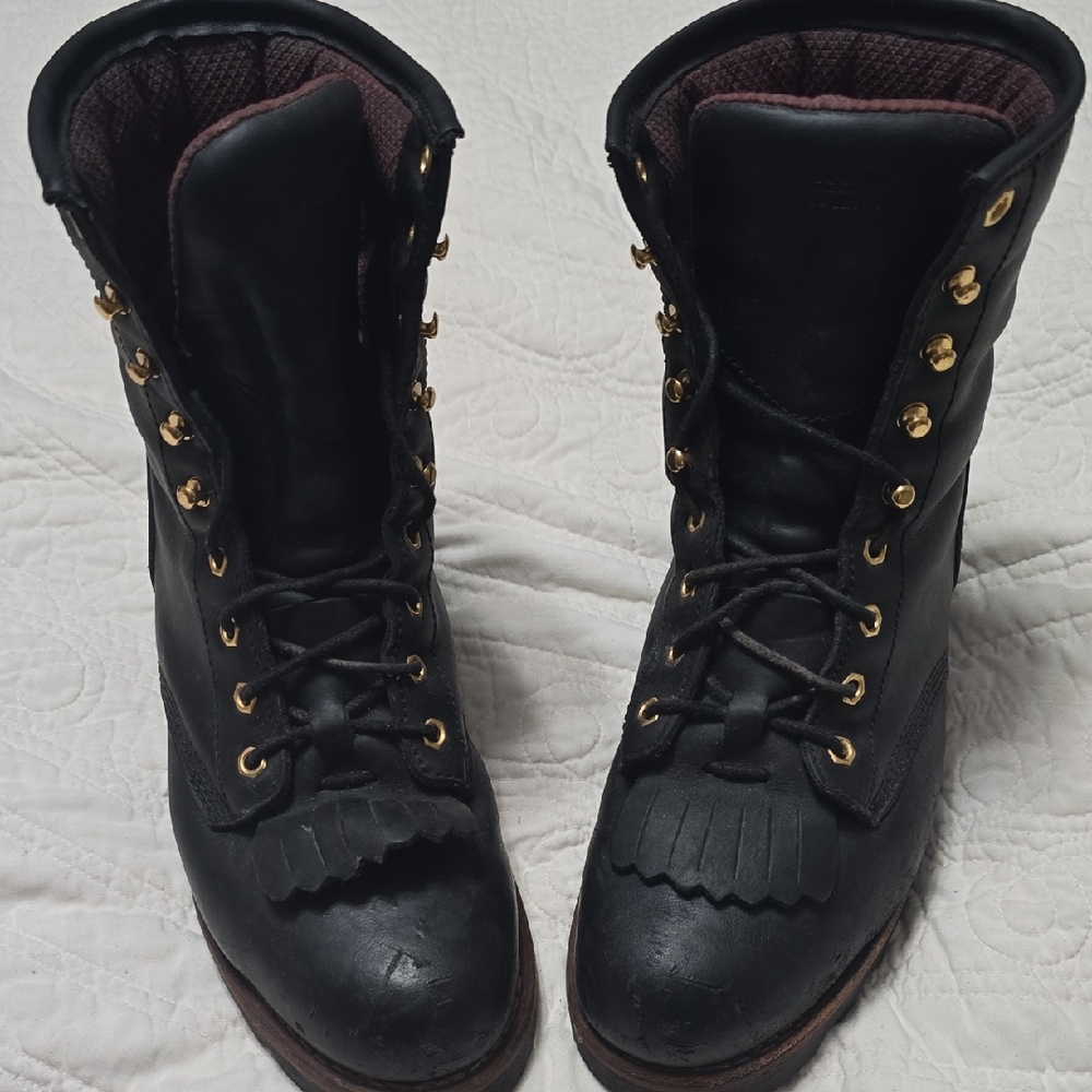 Chippewa Black Leather Combat Boots with Gold Accents